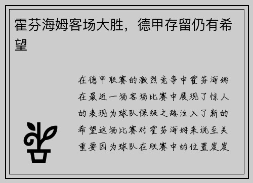 霍芬海姆客场大胜，德甲存留仍有希望