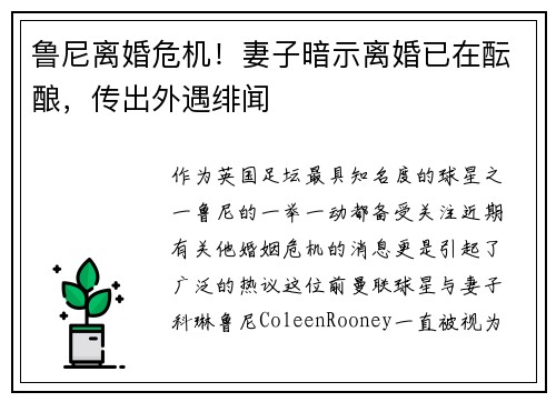 鲁尼离婚危机！妻子暗示离婚已在酝酿，传出外遇绯闻